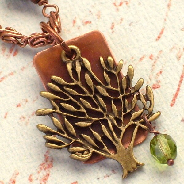 bEadEd RecYclEd CopPer tReE nEckLaCe haMmErEd and oXidiZed