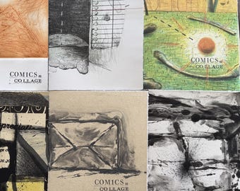 Op de afbeelding: Een verzameling van zes rechthoekige boekjes gerangschikt in een raster, elk met de tekst "COMICS AS COLLAGE" onderaan. De covers tonen gevarieerde artistieke stijlen, waaronder abstracte inkttekeningen, landschappen in kleurpotlood en getextureerde schetsen.