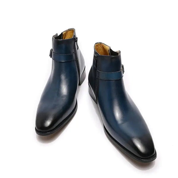 Men's Italian Leather Dress Boots With Zipper and Buckle