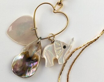 Vintage Napier Charm Holder Pendant Necklace ~ Hearts Abalone Elephant Charm Necklace by Napier