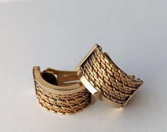 Germany Clip On Earrings ~ Gold Plated Earrings Mesh Hoops ~ Rope Half Dome Design Clipon Earrings