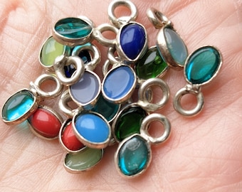 Tiny Sterling Silver Pendants with Oval Glass Cabochons (17 pcs) 1/2"x1/4" Lot D5