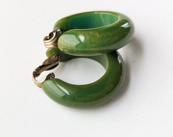 Bakelite Hoop Earrings ~ Yellow Green Marbled Clip on Earrings ~ Marbled Bakelite