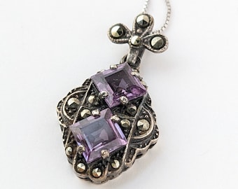 Amethyst and Marcasite Necklace ~ Faceted Diamond Shape Amethyst with Marcasite Stone Pendant on Chain ~ Art Deco Design