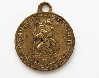 Saint Christopher Protect Us Brass Medallion ~ Vintage Large Round Medallion St. Christopher Catholic Brass Pendant D211