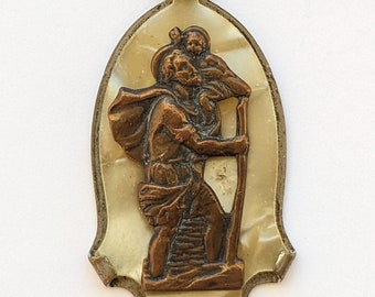 St Christopher on Celluloid Italy Made Pendant ~ Copper Saint Christopher Vintage Plaque Medallion ~ D39