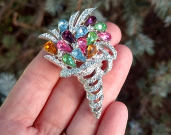 Colorful Rhinestone Brooch Bouquet Brooch with Several Rhinestones Purple Green Pink Orange Silver Sapphire Rhinestone Brooch Flower JD14