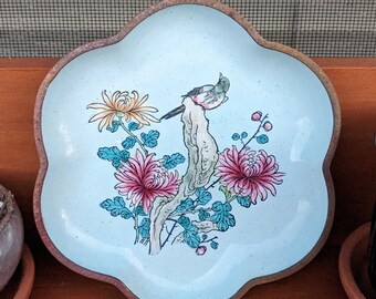 Painted Enamel Trinket Dish Chrysanthemums and Bird Enamel Dish Robin Egg Blue Scallop Edge Dish