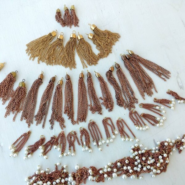 Tassel Lot Vintage UPcycle Supply NOS Mixed Tassel Variety Lot Brass and Copper Chain with Pearly Beads