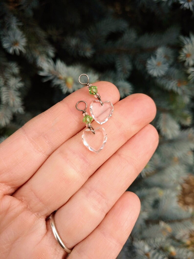 2 Small Hearts Art Deco Glass Pendants 1930/'s Flat Heart Small Token of Love DP3 Pair Antique Cut Faceted Heart Pendants