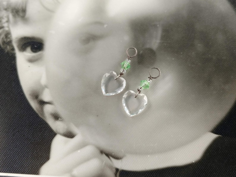 2 Small Hearts Art Deco Glass Pendants 1930/'s Flat Heart Small Token of Love DP3 Pair Antique Cut Faceted Heart Pendants