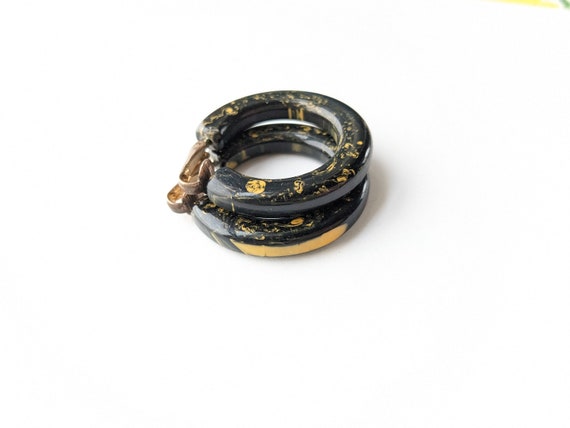 Bakelite Earrings Yellow Black Marbled Hoop Clips… - image 5