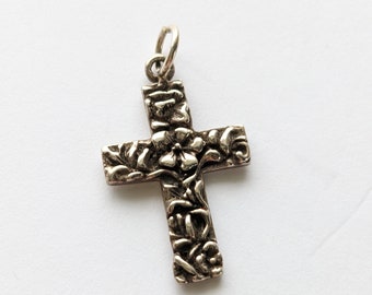 Sterling Silver Flower Cross Pendant ~ Floral Cross Pendant ~ Carved Sterling Flower Pendant ~ 205