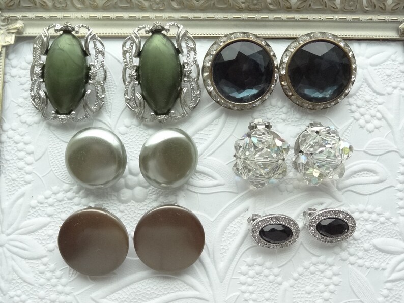 Earring Jewelry Lot Craft Supplies Single Earrings Rhinestone Flower Clip On Lot Earring Blue Rhinestone Green Silver Cluster D72