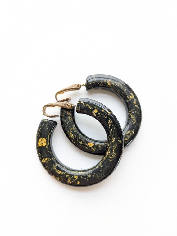 Bakelite Earrings Yellow Black Marbled Hoop Clips… - image 1