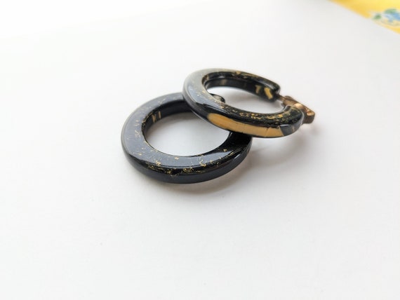 Bakelite Earrings Yellow Black Marbled Hoop Clips… - image 3