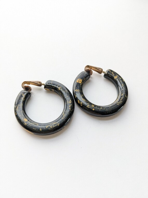 Bakelite Earrings Yellow Black Marbled Hoop Clips… - image 6