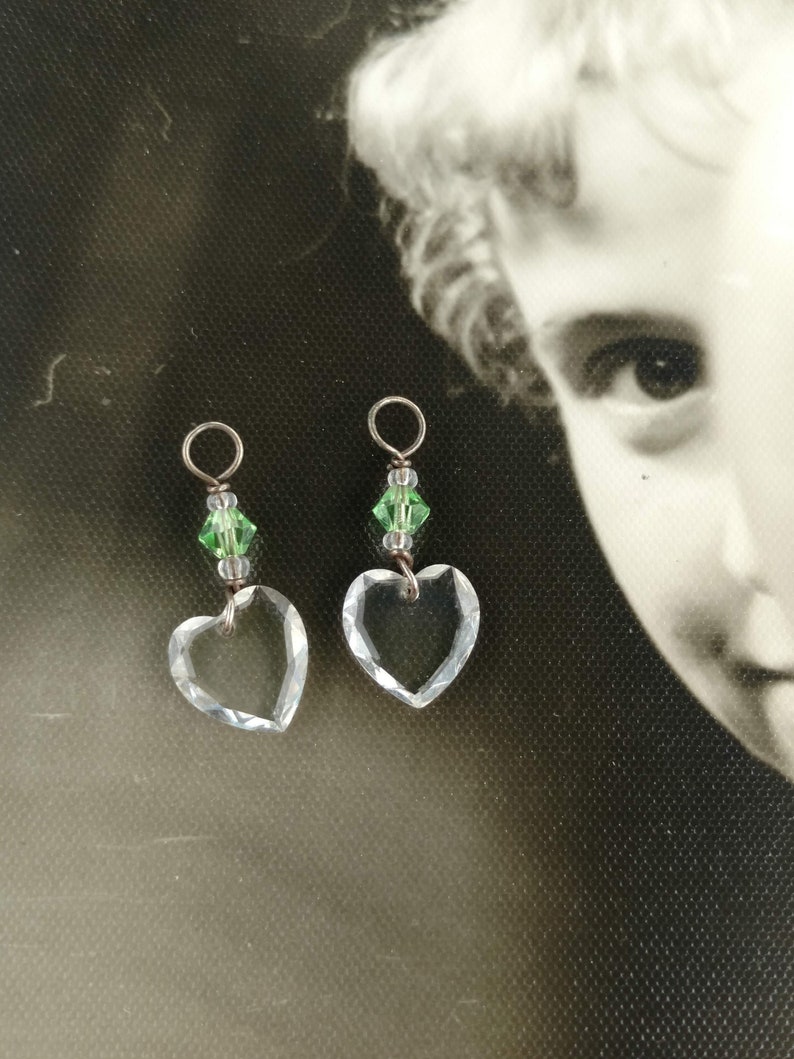2 Small Hearts Art Deco Glass Pendants 1930/'s Flat Heart Small Token of Love DP3 Pair Antique Cut Faceted Heart Pendants