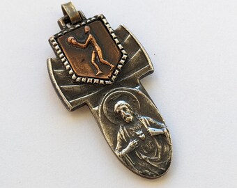 Colgante de Protección para Jugador de Baloncesto con Sagrado Corazón y Virgen María en la parte posterior ~ Medallón Vintage Auténtico ~ D65