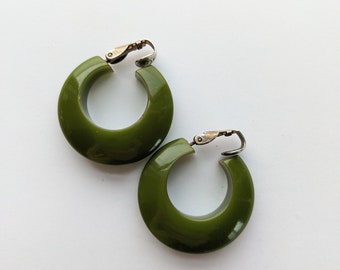 Olive Green Bakelite Earrings Hoops Clip ons Clips Bakelite Green-Olive