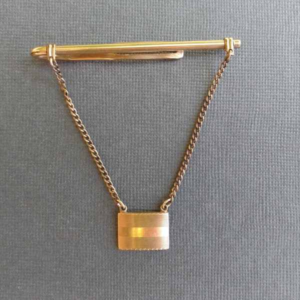 12K G.F Anson Tie Clip with Chain Suit Accessories Designer Vintage Tie Bar Clip with Chain Mid Century Design Rose Gold Plate