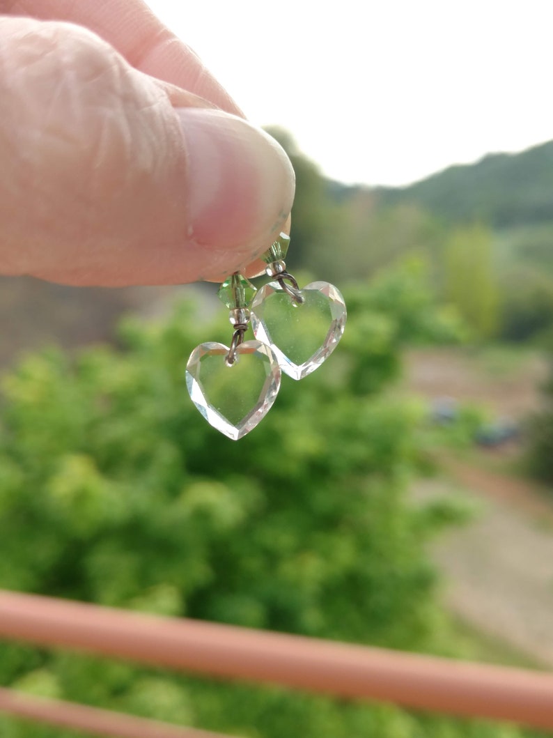 2 Small Hearts Art Deco Glass Pendants 1930/'s Flat Heart Small Token of Love DP3 Pair Antique Cut Faceted Heart Pendants