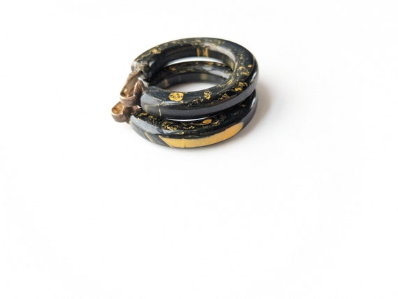 Bakelite Earrings Yellow Black Marbled Hoop Clips… - image 2