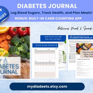Diario del diabete con app Carb Counter / Monitor stampabile di glicemia e cibo / Idee realistiche per i pasti / Creato da un diabetico