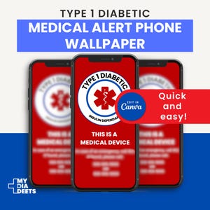 Telefonbakgrund med medicinsk varning för typ 1-diabetes (redigerbar Canva, digital nedladdning)