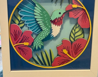 Beautiful Handmade 8" x 8" 3D Layered Shadow Box Wall Art- HUMMINGBIRD