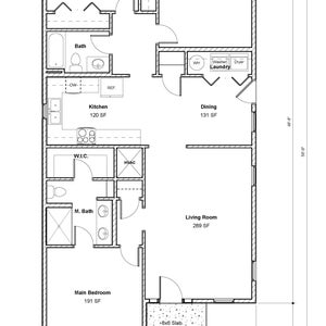 以下が含まれることがあります： 4つの寝室、2つのバスルーム、キッチン、ダイニングルーム、リビングルーム、ランドリールームを備えた家の白黒の平面図。平面図にはフィート単位の寸法が記載されています。