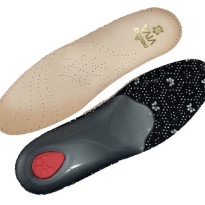 May include: A pair of black and beige insoles with a gel insert and a floral pattern. The insoles have a Viva GelPad logo on the beige side.