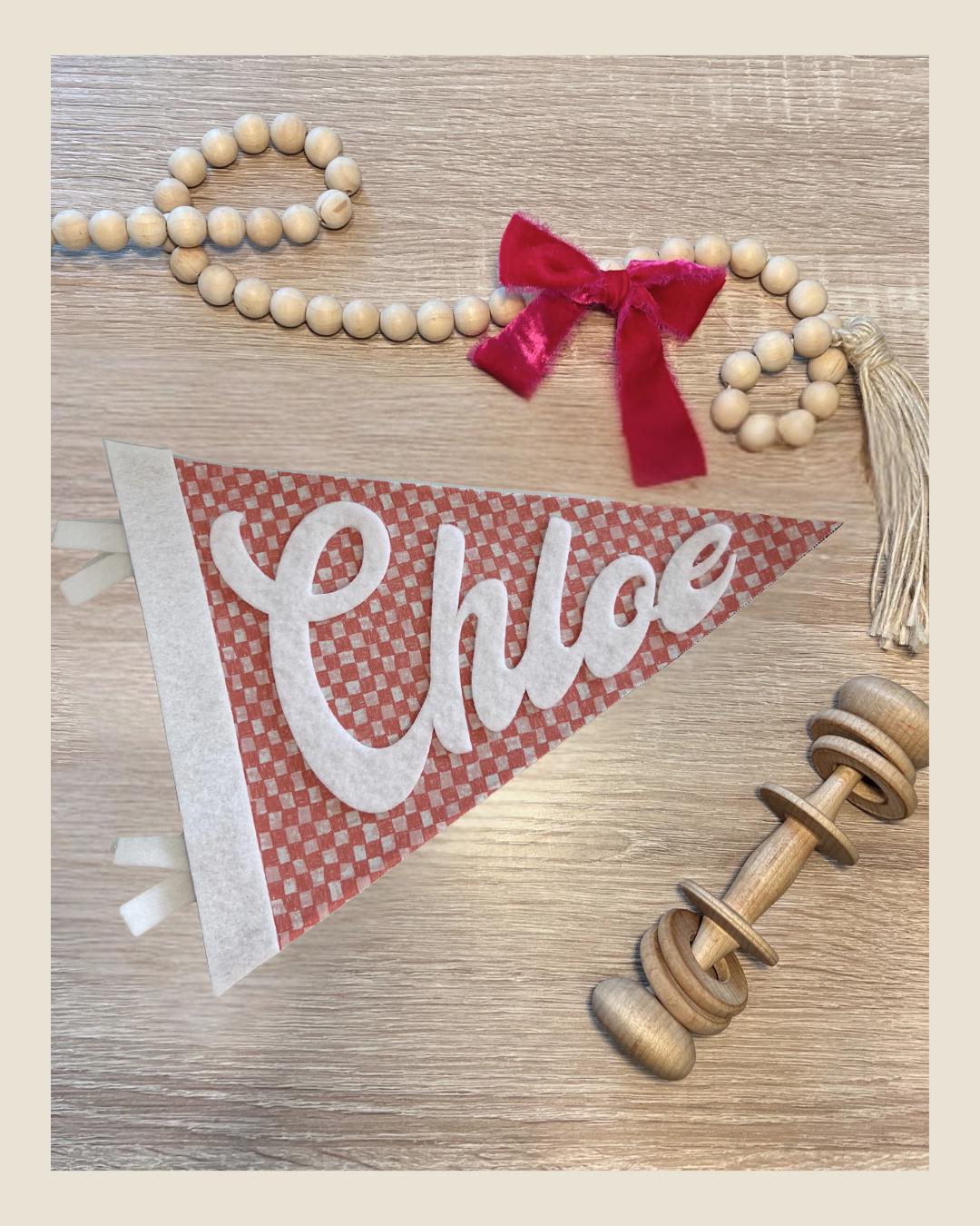 Custom Name Pennant- Pink Checkers