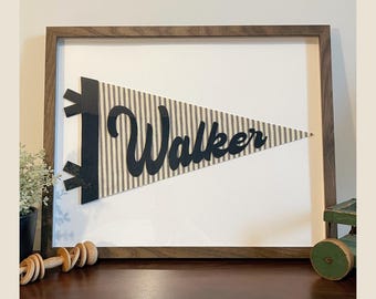 Framed Custom Name Pennant- Striped Blue