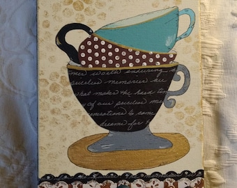 collage original art tea cup theme