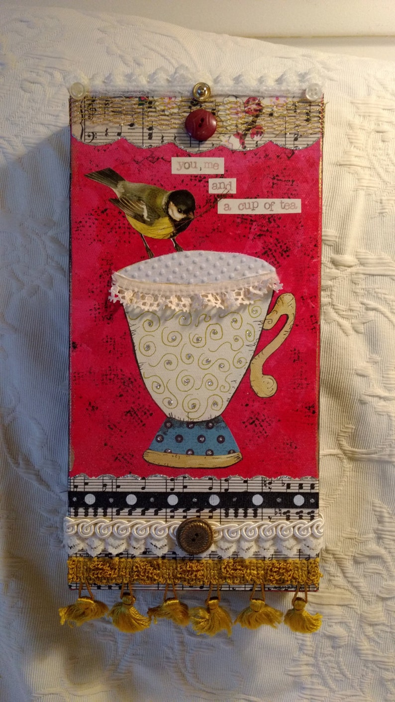Teacup mixed media collage, painting, original image 1
