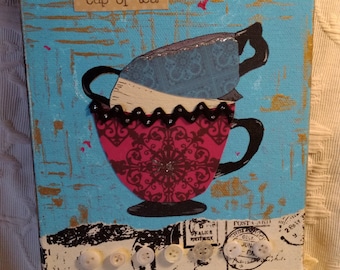 Collage teacup painting art, original, vintage materials, mixed media