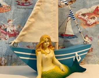 VERY RARE Vintage Mermaid and Sailboat Collectible Figurine Set