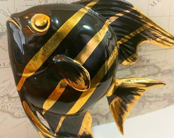 Vintage Gold and Black Tropical Exotic Fish Collectible Wall Plaque or Wall Hanging