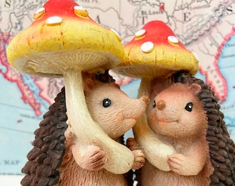 Hedgehogs or Porcupine with Toadstools Collectible Figurines Set or Cake Toppers