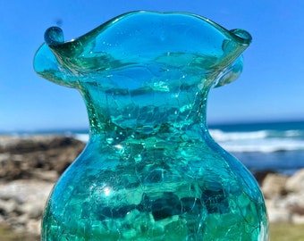 Vintage Aquamarine Collectible Crackle Art Glass Vase