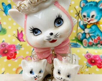 RARE Vintage Fancy Feline Kitty Cat Mama and Baby Kittens Family with Gold Accents Collectible Lefton Figurines