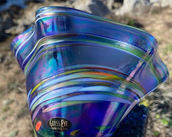 Glass Eye Studio Art Glass Bowl Iridescent Cobalt Blue and Rainbow Twist Sea Wave Ruffled Hand Blown Catchall Trinket Dish