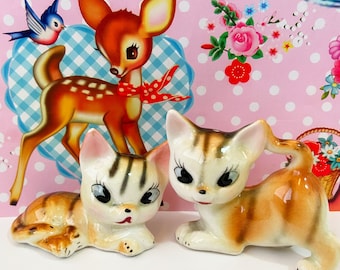 Vintage Grumpy Tabby Tiger Cats Collectible Salt and Pepper Shakers or Cake Toppers