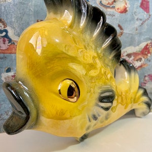 TRES RARE vintage jaune nacré poisson jardinière murale poche murale plaque Ceramicraft à collectionner image 2
