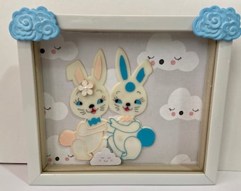 Vintage Bunnies in Love Original Collage Art Shadowbox