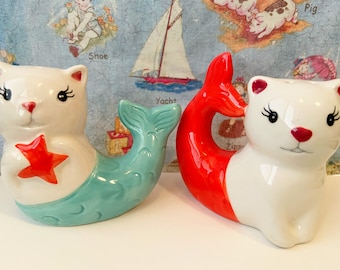 Mermaid Cats or Mercats collectible Salt and Pepper Shakers or Cake Toppers