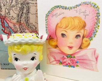 Very RARE Southern Belle Collectible Enesco Head Vase or Planter With Greeting Card Bundle Set