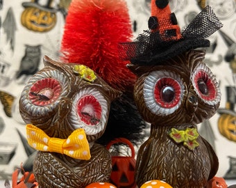Vintage Autumn Harvest Owls Collectible Halloween Arrangement