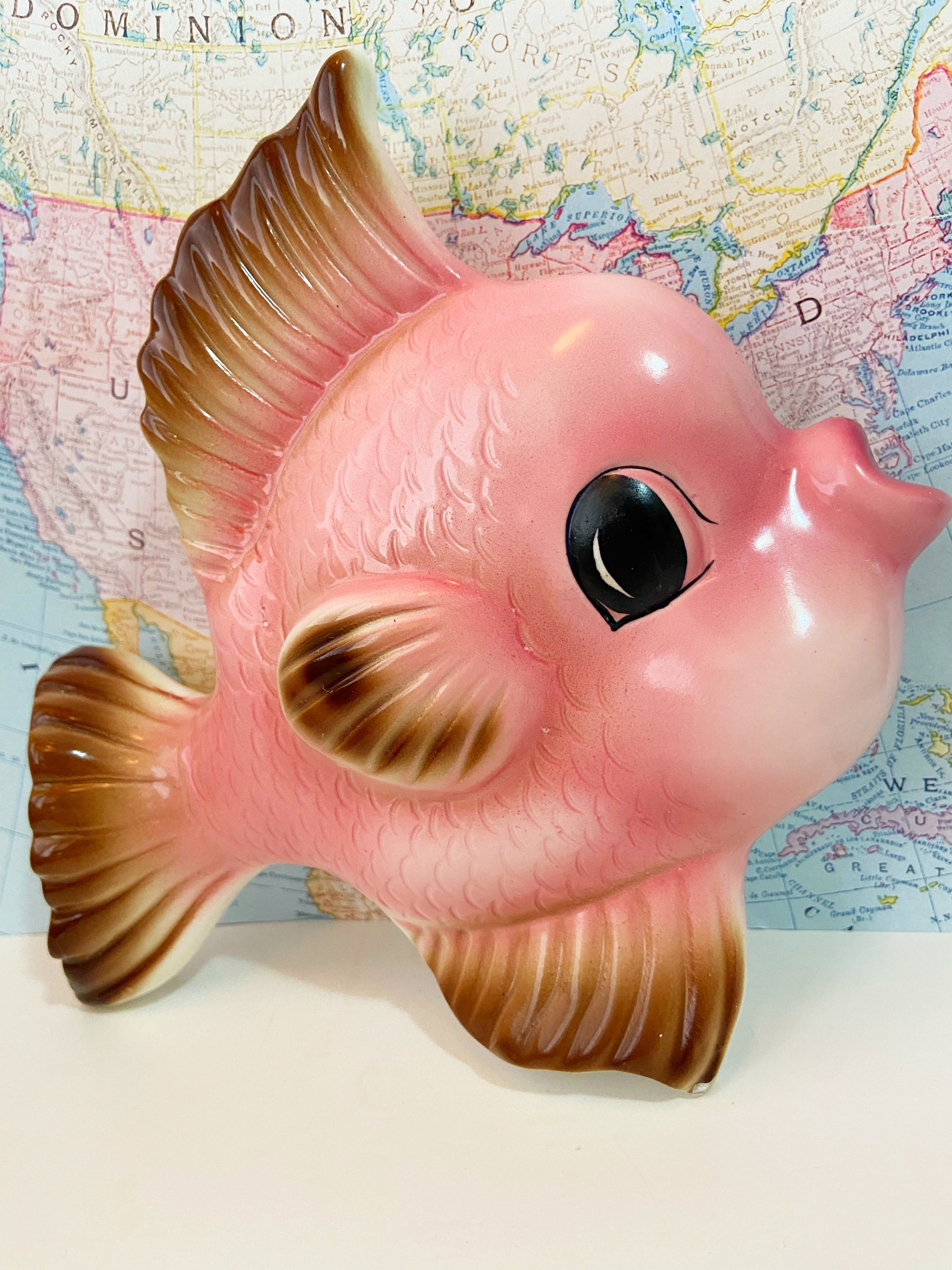 RARE Vintage Pink Fish Collectible Wall Planter Wall Pocket Wall